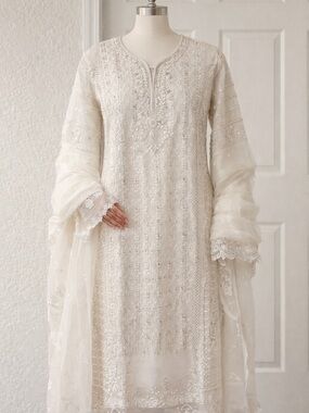Others Follow Cream Embroidered Long Sleeve Women’s Dress with Dupatta
